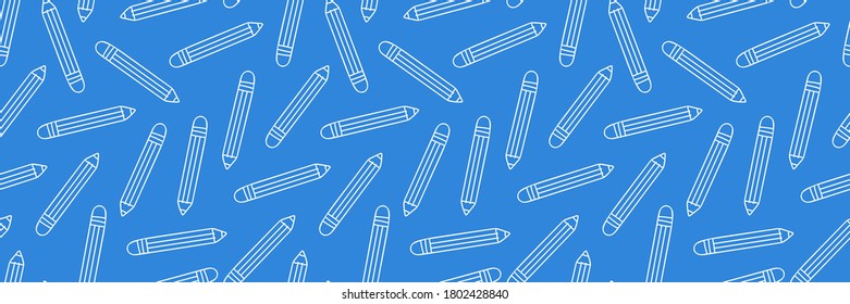 Education symbols seamless banner. Vector online studing web banner, e-learning horizontal doodle poster. White line isolated on background