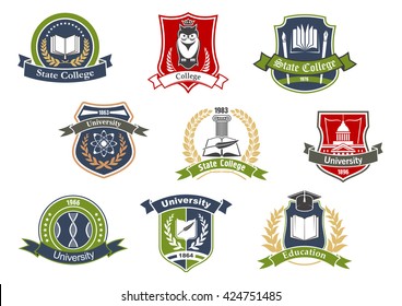 Education symbols for university and college school design with books and pens, graduation cap and owl, atom and DNA on heraldic shields framed by laurel wreaths, ribbon banners and stars