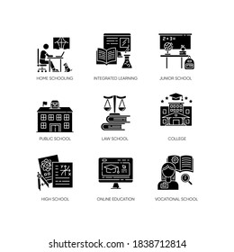 Education system black glyph icons set on white space. Teaching methods, home schooling and online classes. Primary, secondary and higher education silhouette symbols. Vector isolated illustrations