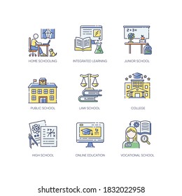 Education System RGB Color Icons Set. Teaching Methods, Home Schooling And Online Classes. Primary, Secondary And Higher Education. Isolated Vector Illustrations