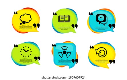 Los iconos de Educación, Charla burbuja y Tiempo son simples. Burbuja del discurso con citas. Señales de datos sobre peligros químicos, reloj y recuperación. Libro de instrucciones, mensaje de chat, reloj. Tóxico, tiempo, información de copia de seguridad. Vector