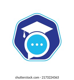 Diseño del logotipo del vector de charla educativa. Sombrero de graduación con diseño de icono de burbuja de chat.