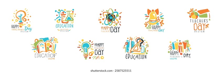 Education and Teacher Day Logo and Label Original Design Vector Set