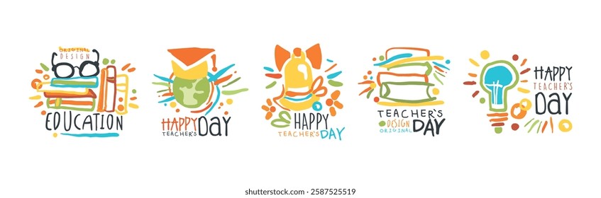 Education and Teacher Day Logo and Label Original Design Vector Set