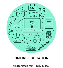 Education, teacher, knowledge, lesson concept. Vector illustration in thin line style. Minimalistic graphic design with green circle backdrop.