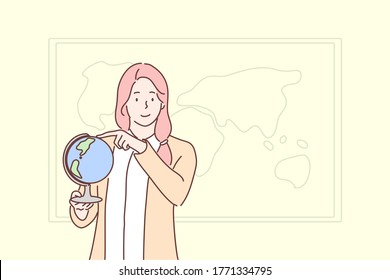 Educación, enseñanza, concepto geográfico. Caricatura de una profesora de dibujos animados de una joven mujer en la clase se mantiene en el globo en mano mostrando países. Obtener conocimiento geográfico y volver a la ilustración escolar