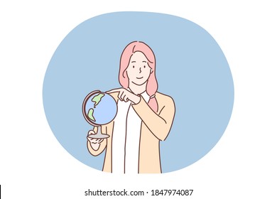 Education, teaching, geography, globalization symbol concept. Young woman girl teacher cartoon character standing in class holds globe in hand. Teachers day and back to school vector illustration.