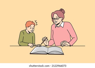 Education teaching and learning concept. Smiling boy pupil and woman teacher sitting and reading book together getting knowledge vector illustration 