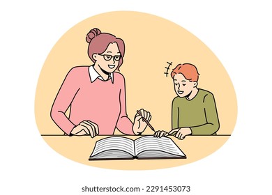 Education teaching and learning concept. Smiling boy pupil and woman teacher sitting and reading book together getting knowledge vector illustration