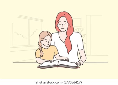 Education, Teaching, Motherhood, Childhood Concept. Young Woman Mom And Happy Child Kid Daughter Sitting And Reading Book Together In Living Room. Family Remote Home Study And Mothers Day Illustration