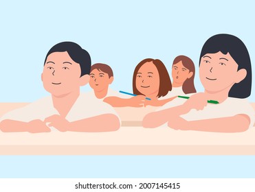 Education, teaching, school concept. Students, boys, and girls in intensive groups do educational exams.
Schoolchildren study at school during the lesson. Vector illustration.