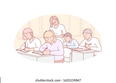Education, teaching, school concept. Young teacher examinates school children. Concentrated group of pupils, boys and girl take educational exam while woman tutor checks they work. Simple flat vector