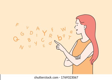 Education, teaching, speech therapy concept. Young happy woman therapist cartoon character articulating on logopedic treatment session. Learning alphabet letters at school or kindergarten illustration