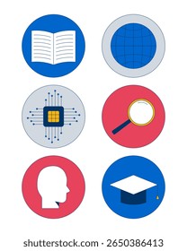 Education and technology 2D cartoon round stickers objects set. Reading, globe, AI chip, loupe, graduation cap isolated circle elements flat vector clip arts on white. Spot illustrations collection