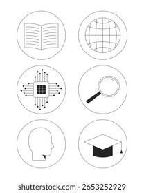 Education and technology 2D line round stickers objects set. Reading, globe, AI chip, loupe, graduation cap isolated circle cliparts vector ink outline items. Monochrome spot illustrations collection