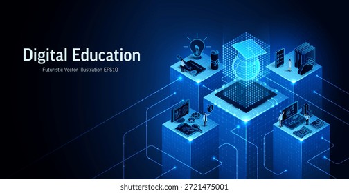 Education technology 3D isometric vector illustration. Digital school, students and online learning system concept. E-learning abstract background. University, AI, business presentation growth banner
