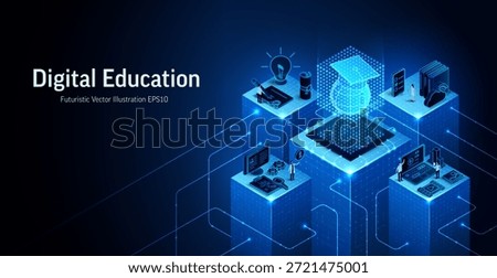 Education technology 3D isometric vector illustration. Digital school, students and online learning system concept. E-learning abstract background. University, AI, business presentation growth banner