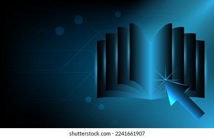 Education technology. Arrow pointer clicking on digital book. E-book, digital library, online learning concept with futuristic open book and arrow pointer. Educational resources, guide course, ebooks.