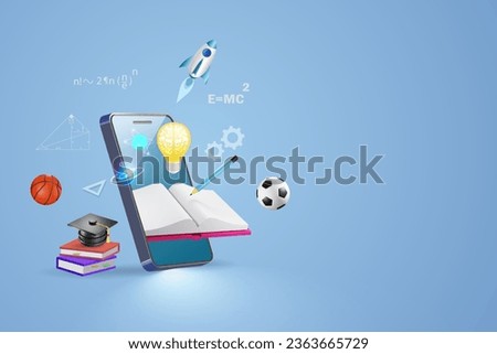 Education technology, back to school and reading as knowledge. Open book on mobile phone with smart brain in lightbulb and flying school elements for student inspiration and imagination. 3D vector.