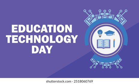 Projeto de banner vetorial do Dia da Tecnologia da Educação com formas geométricas e cores vibrantes em um fundo horizontal.