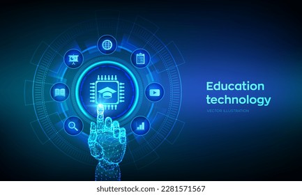 Education technology. Edtech. Innovative online e-learning concept. Webinar, knowledge, online training courses. Skill development. Robotic hand touching digital interface. Vector illustration.