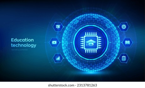 Education technology. Edtech. Innovative online e-learning concept. Webinar, knowledge, online training courses. Skill development. Hexagonal grid sphere background. Vector illustration.