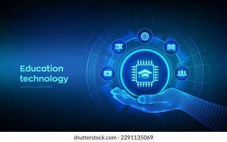 Education technology icon in wireframe hand. Edtech. Innovative online e-learning concept on virtual screen. Webinar, knowledge, online training courses. Skill development. Vector illustration.