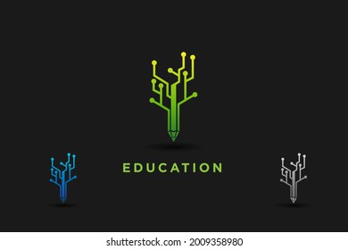 education and technology logo design idea. combination of pencil tree. usable logo for business. education conference. comunity, technology logo design template illustration. there are pen and tree