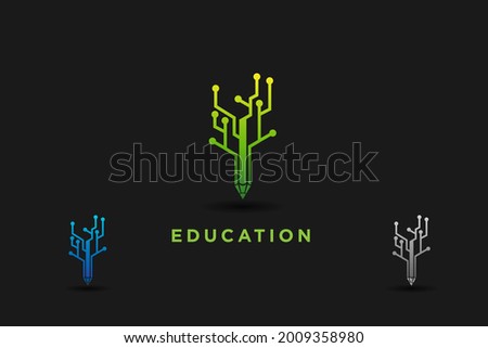 education and technology logo design idea. combination of pencil tree. usable logo for business. education conference. comunity, technology logo design template illustration. there are pen and tree