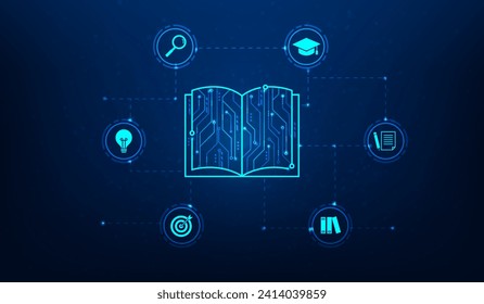 education technology online learning on blue background. open book digital online. e learning concept. studying and knowledge. vector illustration hi-tech line and dot concept.