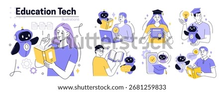 Education technology set. Collection of characters using artificial intelligence generative tools for machine learning, studying, development. EdTech concept. Vector illustration.