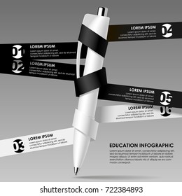 Education template with a pen and white and black ribbons. Business web page design. Concept vector illustration