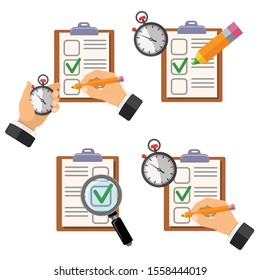 Education test template with pencil, stopwatch, magnifying glass, check list. flat style icon. online testing, audit concept. isolated vector illustration