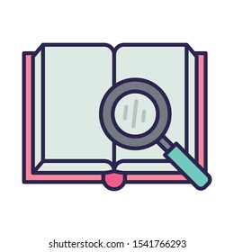 education text book open with magnifying glass vector illustration design