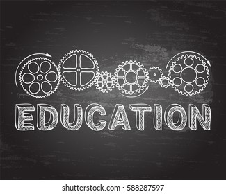 Education text with gear wheels hand drawn on blackboard background