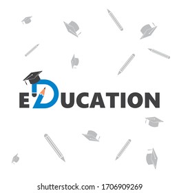 education text with pencil and diploma hat vector  illustration design