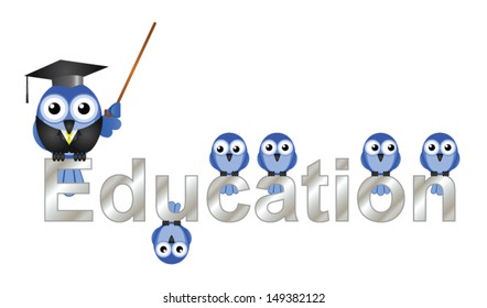 Education text and teacher bird and pupils isolated on white background