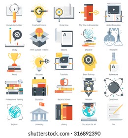Education theme, flat style, colorful, vector icon set for info graphics, websites, mobile and print media.