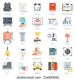 Education theme, flat style, colorful, vector icon set for info graphics, websites, mobile and print media.