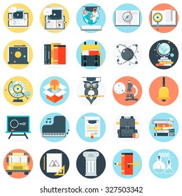 Education theme, flat style, colorful, vector icon set for info graphics, websites, mobile and print media.