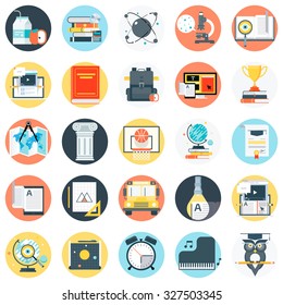 Education theme, flat style, colorful, vector icon set for info graphics, websites, mobile and print media.