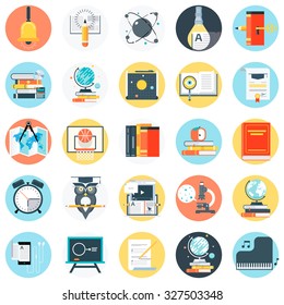 Education theme, flat style, colorful, vector icon set for info graphics, websites, mobile and print media.