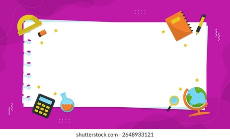Education themed copy space background with stationery tool such a notebook and pencil. School supplies on purple background with blank sheets for text