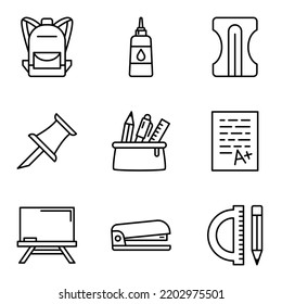 Education themed icon set. Back to school. School supplies. Pictogram isolated on a white background.
