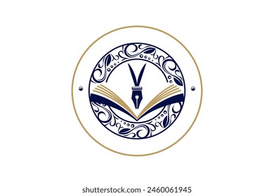 The education themed logo is in the shape of a circle with elements of a classic pen open book and floral ornaments.