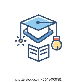 Education themed vector graphic featuring graduation cap atop an open book with lightbulb symbols suggesting innovative thinking.