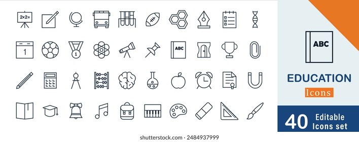 Education thin 40 editable stoke icon set. containing chalkboard, knowledge, book, pencil, globe, apple and more