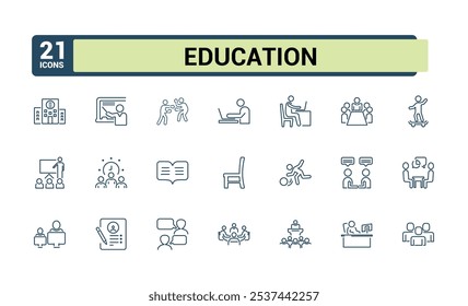 Bildung dünne Linie Symbol gesetzt. Enthält im Zusammenhang mit College, Klassenzimmer, Zertifikat, Lernen, Absolvent, Wissen, Ausbildung, E-Book. Einfacher Linienvektor. Bearbeitbarer Strich. Vektorgrafik.