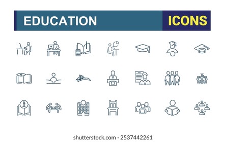 Bildung dünne Linie Symbol gesetzt. Enthält im Zusammenhang mit College, Klassenzimmer, Zertifikat, Lernen, Absolvent, Wissen, Ausbildung, E-Book. Einfacher Linienvektor. Bearbeitbarer Strich. Vektorgrafik.