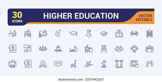 Bildung dünne Linie Symbol gesetzt. Enthält im Zusammenhang mit College, Klassenzimmer, Zertifikat, Lernen, Absolvent, Wissen, Ausbildung, E-Book. Einfacher Linienvektor. Bearbeitbarer Strich. Vektorgrafik.